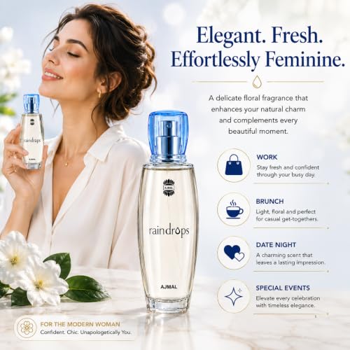 Ajmal Rain Drops EDP for Women, 1.7 fl oz / 50 ml | Fresh floral and fruity inspired by ocean breeze. Long-lasting and ideal for everyday elegance.