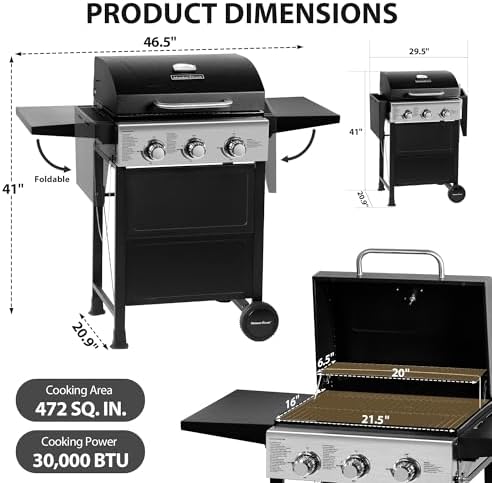 MASTER COOK 3 Burner BBQ Propane Gas Grill, 472 Sq. In. Cooking Area, 30