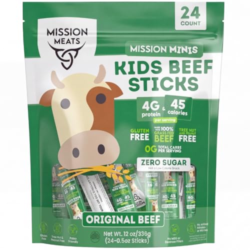 Mission Meats Kids Beef Sticks, Zero Sugar, Healthy Mini Snacks 0.5oz, 24ct | Healthy Back-to-School Snack, Great for Lunches & Sports, Top 9 Allergen Free, Individually Wrapped, Kid-Loved & Not Spicy