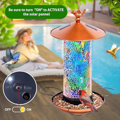 XDW-GIFTS Mosaic Solar Wild Bird Feeder, Waterproof Lantern Shape with S-Hook & 4 LED Lights, Garden Decor for Lawn, Patio, Balcony, Yard Ornament - Unique Gifts for Mom, Women, Grandma, Bird Lovers