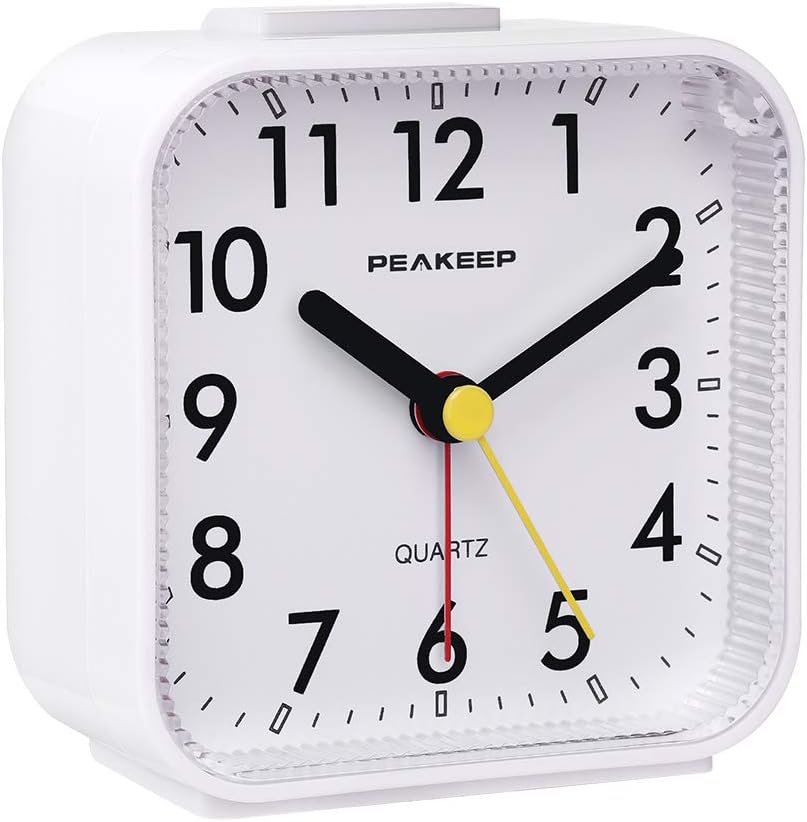 Peakeep Small Battery Operated Analog Travel Alarm Clock Silent | No Ticking, Lighted on Demand and Snooze, Beep Sounds, Gentle Wake, Ascending Alarm, Easy Set (Black)