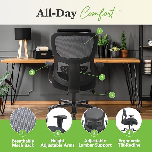 HON Sadie Big and Tall Ergonomic Office Chair, Heavy Duty Desk Chair, Black | Big and tall ergonomic office desk chair for desk work, lumbar support, adjustable arms, mesh comfort, 350 lb capacity