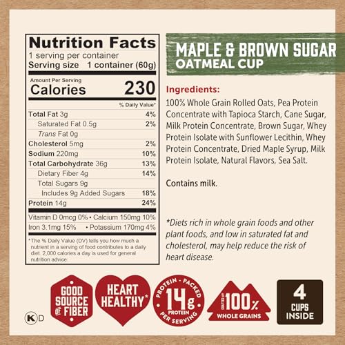 Kodiak Cakes Instant Protein Maple & Brown Sugar Oatmeal in a Cup, 2.12oz (Pack of 12)