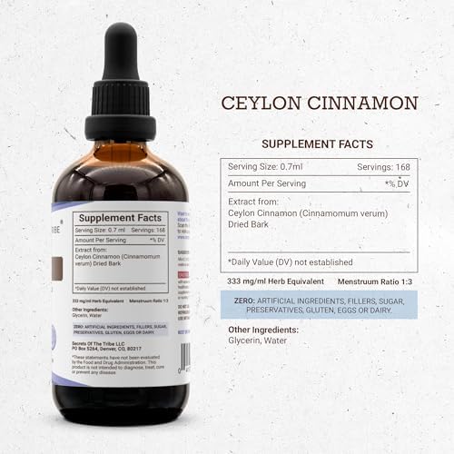 Secrets of the Tribe Ceylon Cinnamon Tincture Alcohol-Free Liquid Extract, Ceylon Cinnamon (Cinnamomum Verum) Dried Bark (2 FL OZ)