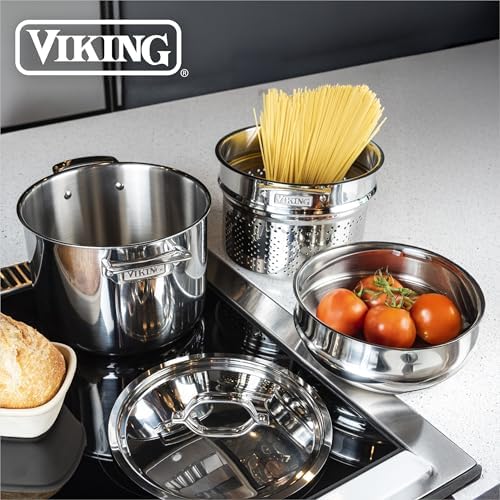 Viking 3-Ply Stainless Steel Pasta Pot with Lid, 8 Quart, 4 Piece Multipot Kitchen Cookware, Includes Pasta Insert and Steamer Basket