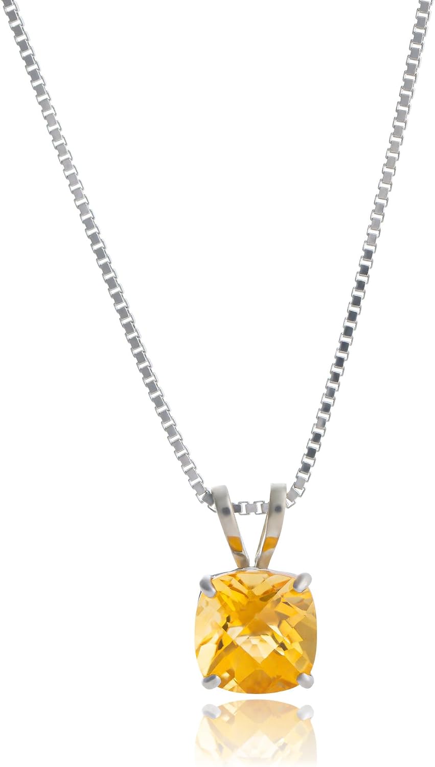 MAX + STONE 925 Sterling Silver Cushion Cut Birthstone Necklace for Women | 6mm Hypoallergenic Solitaire Necklace | Gemstone Pendant Necklaces with 18 inch Box Chain
