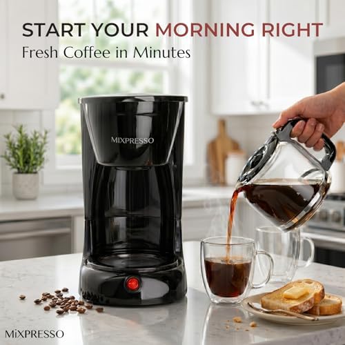 Mixpresso 5 Cup Drip Coffee Maker, Coffee Pot with Reusable Filter, Black | Glass Carafe Coffee Machine with Auto-Off, Anti-Drip, Water Window and Easy On/Off Switch for Convenient Everyday Brewing