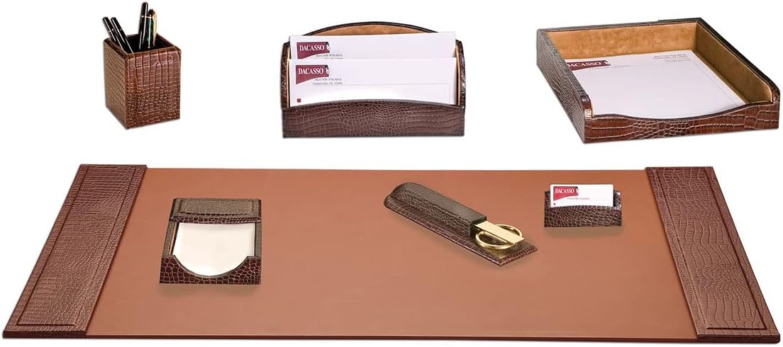 Dacasso Brown Crocodile Embossed Leather Desk Set, 7-Piece