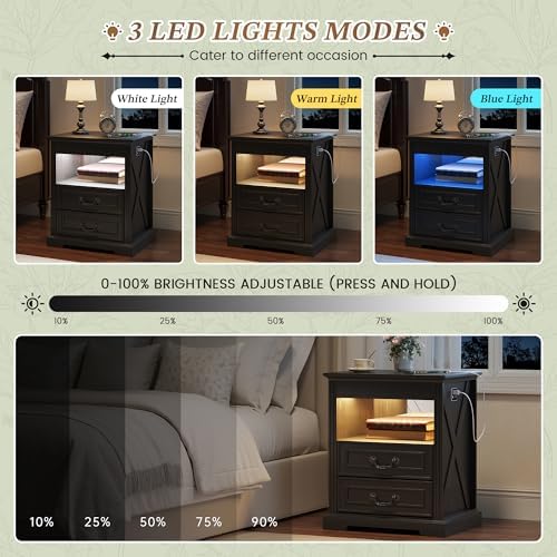 Dystler Nightstand with Hidden Gun Safe Drawer, Charging Station & LED Lights