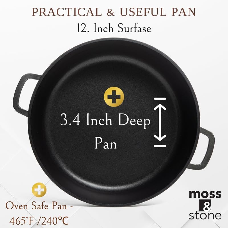 Moss & Stone 12" Deep Nonstick Skillet with Lid, 5 Qt Saute Pan, Oven Safe