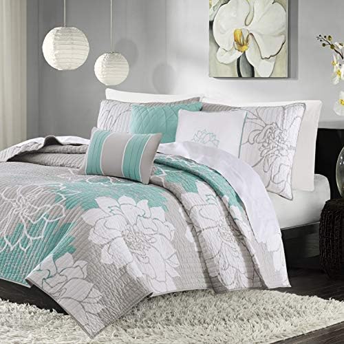 Madison Park Cotton Casual Floral Quilt Set, 6PC Full/Queen Coverlet | Channel Stitching Design, All Season, Lightweight Coverlet Bedspread Bedding, Shams, Decorative Pillows, Taupe Grey/Purple