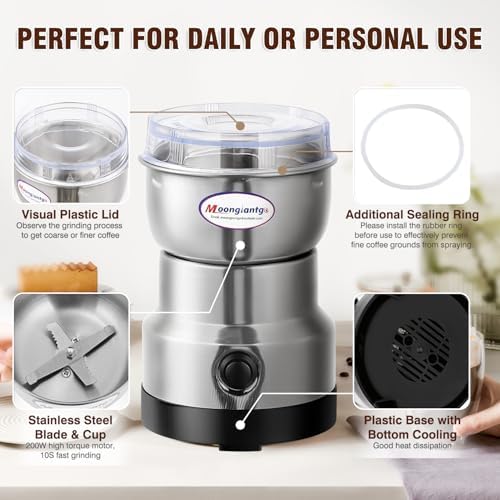 Moongiantgo Coffee Grinder Electric, Mini Spice Grinder, 200W 10s Fast Grinding, Dry Grain Mill for Spices Seeds Rice Beans Seasonings