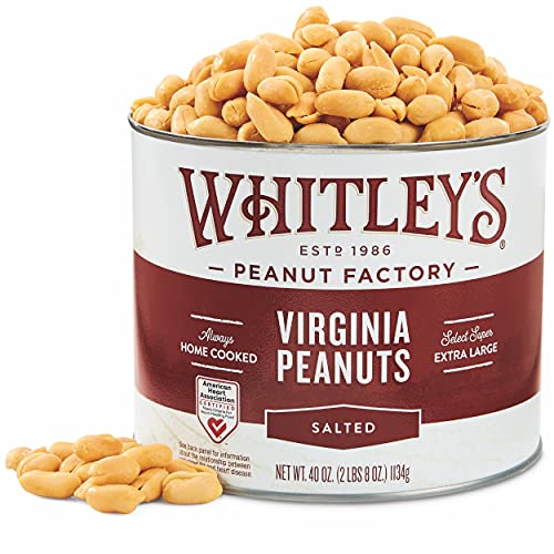 Whitley’s Salted Virginia Peanuts, Super Extra Large, Home Cooked 40 oz | Small Batch Roasted, Hand Seasoned, Vacuum-Sealed Tin, Coconut & Peanut Oil, Gluten Free, Cholesterol Free, 2.5 Pounds