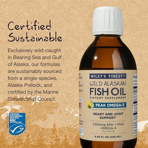 Wiley's Finest Wild Alaskan Fish Oil Peak Omega-3 Liquid Supplement - 2300mg EPA and DHA Omega-3s - Lemon Flavor - 8.45 Oz (50 Servings)