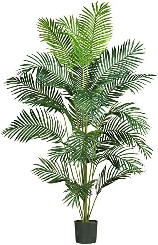 Nearly Natural 7 ft Artificial Paradise Palm Tree with Nursery Pot | 21 Feathery Fronds, Realistic Fake Leaves, Includes Black Nursery Planter