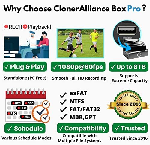 Box Pro, 1080p@60fps Video Recorder, DVR with HDMI Capture, Playback on TV. RCA/YPbPr/VGA to Digital Converter. Schedule Recording. No PC Required.