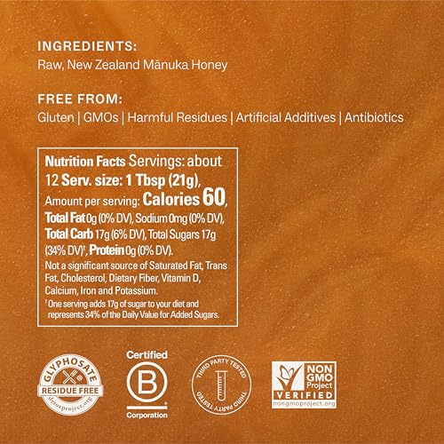 Manukora Raw Manuka Honey MGO 600+ New Zealand Non-GMO Immune Support 250g | B-Corp Certified, monofloral, 3rd party tested, glyphosate residue-free, traceable hive-to-hand, now in glass