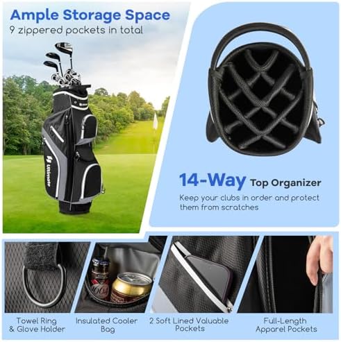 ULTIMATE Golf Cart Bag with 14-Way Top Dividers, Golf Club Bag w/ 9 Pockets incl. Cooler Bag, Rain Hood/Dust Cover, Detachable Shoulder Strap & Carry Handles, Lightweight for Men & Women