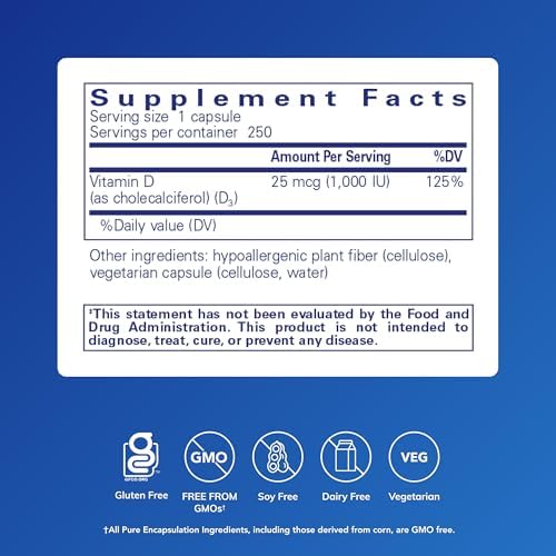 Pure Encapsulations Vitamin D3 25 mcg (1,000 IU) - Supplement to Support Bone, Joint, Breast, Heart, Colon & Immune Health* - with Premium Vitamin D - 120 Capsules | Supplement to Support Bone, Joint, Breast, Heart, Colon and Immune Health*, with Premium…
