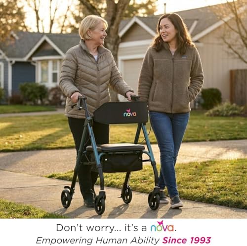 NOVA Star 6 Foldable Rollator Walker for Seniors, Wide Padded Backrest with Seat, 6” All-Terrain Wheels, Easy-Grip Locking Hand Brakes, Height Adjustable, Blue