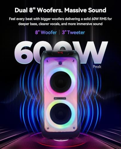 GKD80 Karaoke Machine for Adults with 2 Wireless UHF Microphone, 600W Peak Bluetooth Speaker with Dual 8'' Subwoofers