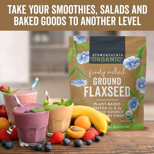Viva Naturals Organic Ground Flaxseed, 15 oz (425 g) – Plant-Based Protein, Vegan Omega-3 & Fiber, Finely Milled Flax Seeds, Perfect for Smoothies & Baking