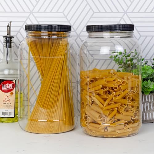 Cornucopia Brands Gallon Plastic Jars (2-Pack); Clear Round Containers w/Black Ribbed Lids, BPA-Free 4-Quart Large Size