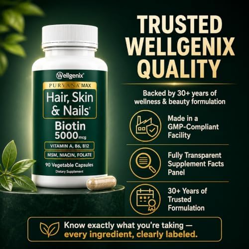 Wellgenix Purvana MAX Hair Skin & Nails Vitamins, Biotin 5000mcg, 90 Count | Biotin, MSM & hyaluronic acid in vegetable capsules for thicker