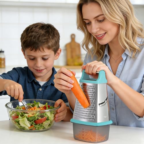 Ourokhome Cheese Grater with Handle, Stainless Steel Box Grater, 4 Side Kitchen Vegetable Shredder Slicer Zester with Container for Parmesan, Cabbage