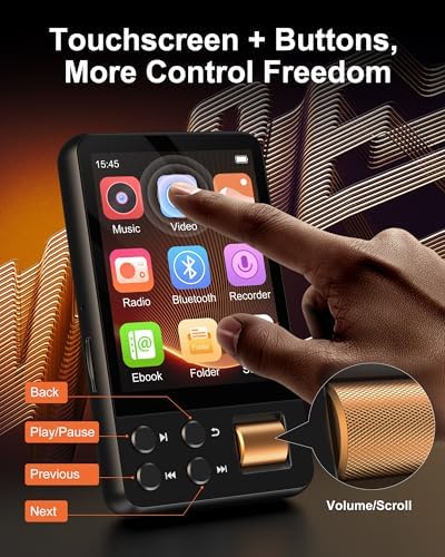 128GB MP3 Player with Bluetooth 5.4, AGXOV Music Player with Built-in HD Speaker, FM Radio, Voice Recorder, HiFi Sound, E-Book, Earphones Included