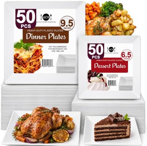 Aya's 60ct Square Plastic Disposable Plates, White - 9.5-Inch 30 Dinner and 6.5-Inch 30 Salad Plates for Party - Heavy-Duty Hard Plastic Design for Wedding, Event, Christmas, and Thanksgiving