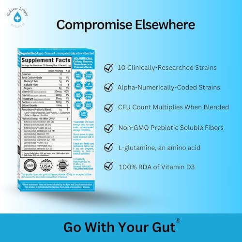 GoLive Prebiotic & Probiotic for Women, Men, Kids. Flavor-Free, Sugar-Free, Synbiotic Powder w/ GOS, L-Glutamine, Vitamin D3, Electrolytes. For Gut Health, Digestion, Metabolism, Immunity 15-50B CFUs. | Flavor-Free, Sugar-Free, All-Natural Ingredients, C…