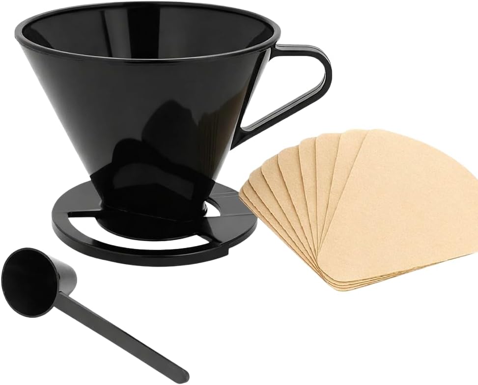 Single Cup Pour Over Coffee Dripper with Scoop & 10 Filters – #2 Cone Style Manual Brewer, BPA-Free Plastic, Portable Dishwasher Safe Coffee Maker