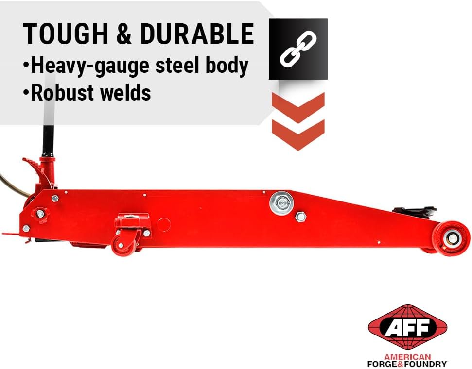 AFF 10 Ton Air Hydraulic Long Chassis Jack - for Long Overhang Vehicles | 10 T Floor Jack with Foot Pump & 3-Position Lock Handle - Ideal for Repair Shops, Bus & Truck Fleets, Heavy Duty Equipment