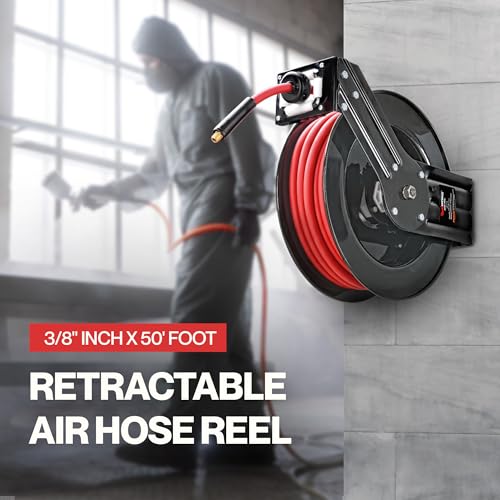 ReelWorks Retractable Air Hose Reel, 3/8" x 50 ft, 300 PSI, Hybrid | Keeps its hybrid hose flexible from -40°F to 176°F for year-round shop use