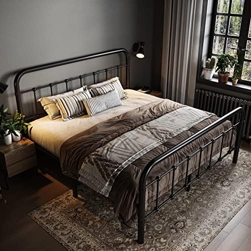 Allewie Queen Metal Bed Frame with Victorian Iron-Art Headboard, Black | Victorian Style Wrought Iron-Art Headboard/Footboard, Easy Assembly
