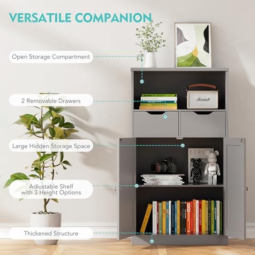 Vongrasig Bathroom Storage Cabinet, 42.5" H Freestanding Floor Cabinet | Wooden Modern Cabinet with 2 Drawers, Open Shelf and Adjustable Shelf for Bathroom, Laundry Room and Entryway, White