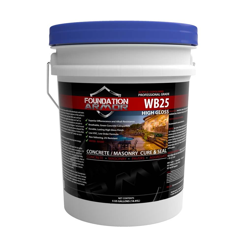 Armor WB25 High Gloss Wet Look Concrete Sealer and Cure & Seal 5 Gallon - Professional Grade Color Enhancing Water Based Acrylic Sealer for Exterior
