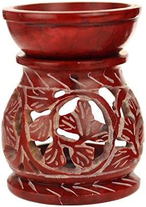 Oil Diffuser - Red Soapstone Oil Burner Round Leaves 3.25"