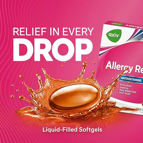 AXIV Allergy Relief Softgels, Antihistamine Medicine & Cold Symptom Relief, Dye-Free Liquid Gels, 25 mg Diphenhydramine HCl, Runny Nose, Sneezing, 24 Count (24 Softgels)