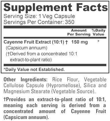 Cayenne Pepper, Non-GMO, Vegan, 150mg, 350 Veggie Capsules - 350 Servings | Herbal Formula, Capsicum Annuum Fruit 10:1 Extract, Suitable for Adults