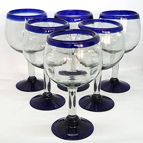 Cobalt Blue Rim 13 oz Wine Glasses (set of 6), Recycled Glass, Lead-free, Toxin-Free (13oz Wine)
