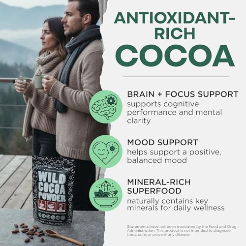 Wild Foods Organic Cocoa Powder Unsweetened for Baking & Cooking, Raw Cacao Powder, Organic Single-Origin Non-Dutched Dark Cocoa, 100% Pure, Non-GMO, Vegan Keto Superfood, Purity Tested, 12 oz