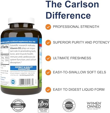 Carlson Vitamin D3, 2000 IU (50 mcg), Bone Health, 360 Softgels | Muscle Health; Cholecalciferol; Vitamin D Supplements; Vitamin D3 Soft Gels