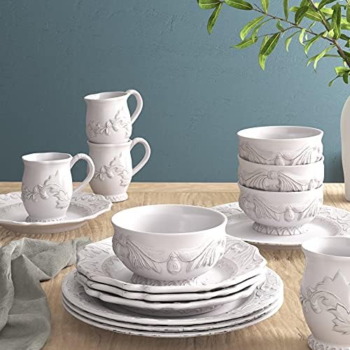 Firenze Ivory 16-Piece Ceramic Dinnerware Set, Service for 4 – Embossed Plates