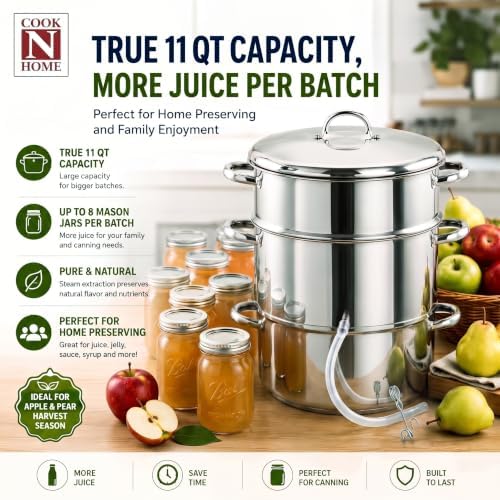 Cook N Home Stainless Steel Steam Juice Extractor, 11-Qt Steam Juicer Pot | Induction ready, Works on All Stovetops, Steamer pan with Strainer