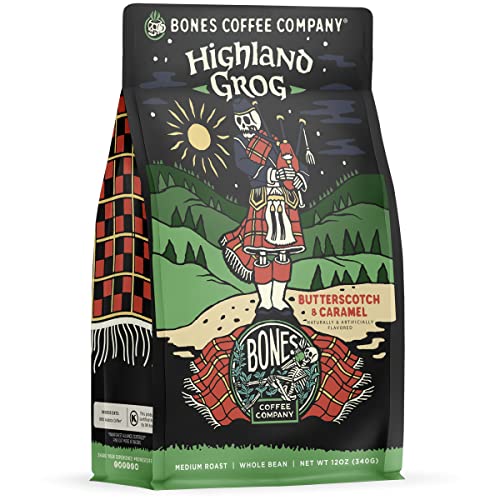Bones Coffee Company Highland Grog, Butterscotch Caramel Flavored Coffee, Medium Roast Low Acid Arabica Beans Compatible with Auto drip and French Press Coffee Maker, 12 Oz Whole Bean