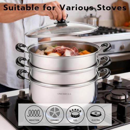 3-Tier 24 Qt Stainless Steel Steamer Pot with Glass Lid – Multi-Layer Stackable Cookware for Tamales