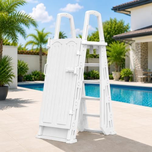 XtremepouwerUS Deluxe Incline Above Ground in-Pool Swimming Pool Ladder Pool Step Adjustable Ladder, White