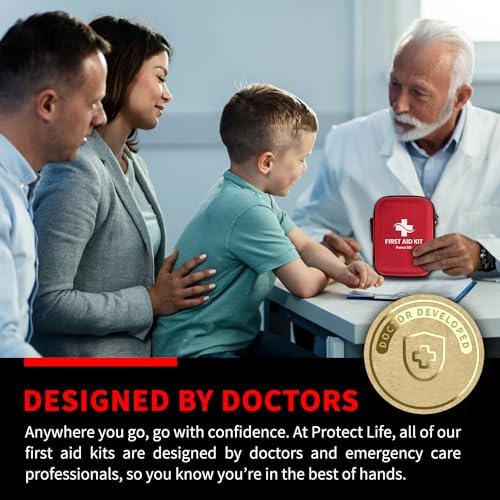 Protect Life Travel First Aid Kit for Car - Small Mini Emergency Kit, 100 Piece Waterproof First Aid Kit for Home, Camping, Boat & Hiking - Includes Emergency Blanket & First Aid Guide